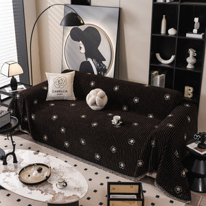 Chenille Camellia Floral Sofa Throw Cover Couch Blanket with Striped Jacquard