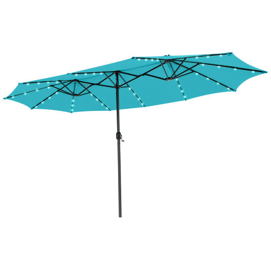 15 Feet Twin Patio Umbrella with 48 Solar LED Lights-Turquoise