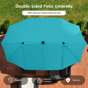 15 Feet Twin Patio Umbrella with 48 Solar LED Lights-Turquoise