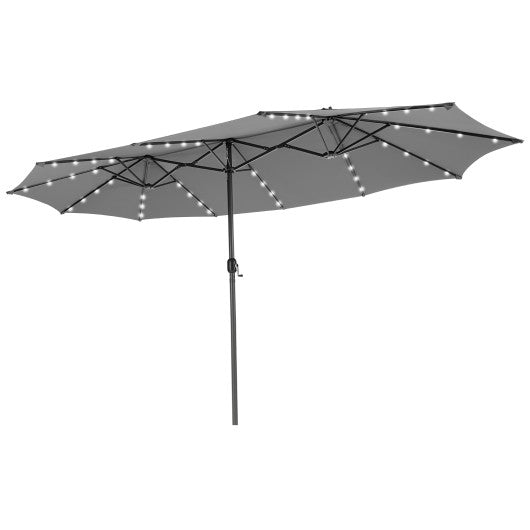 15 Feet Twin Patio Umbrella with 48 Solar LED Lights-Gray