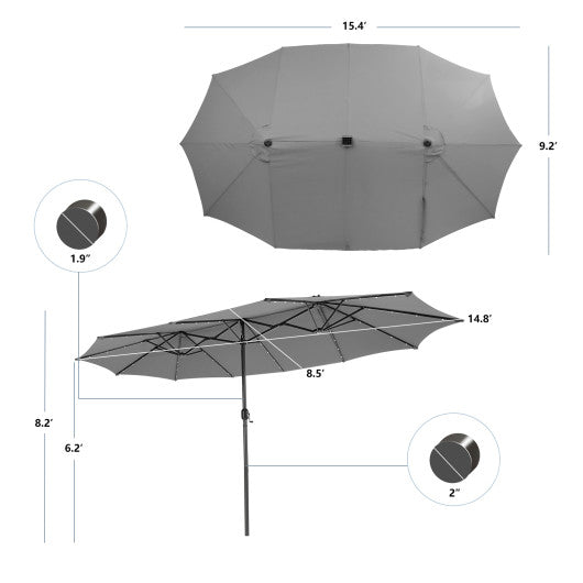 15 Feet Twin Patio Umbrella with 48 Solar LED Lights-Gray