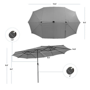 15 Feet Twin Patio Umbrella with 48 Solar LED Lights-Gray