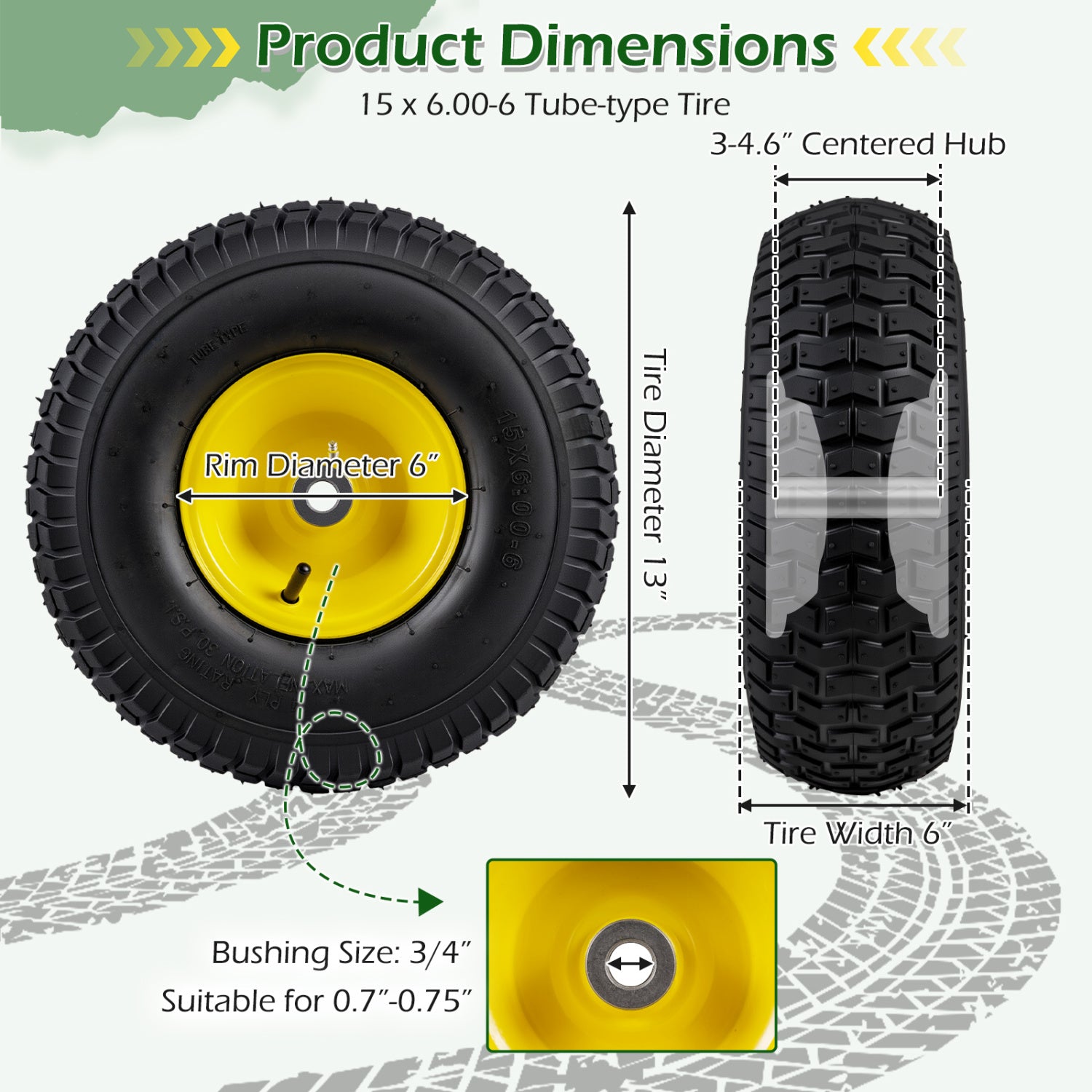 15 x 6.00-6 Tube-type Tires & Wheels 2 Pack 4 PR Tires-Yellow