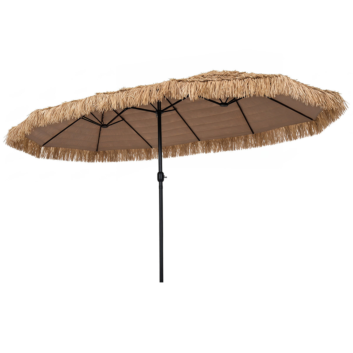 15 x 9 FT Double-sided Thatched Tiki Patio Umbrella with Crank Handle and 12 Sturdy Ribs-Brown