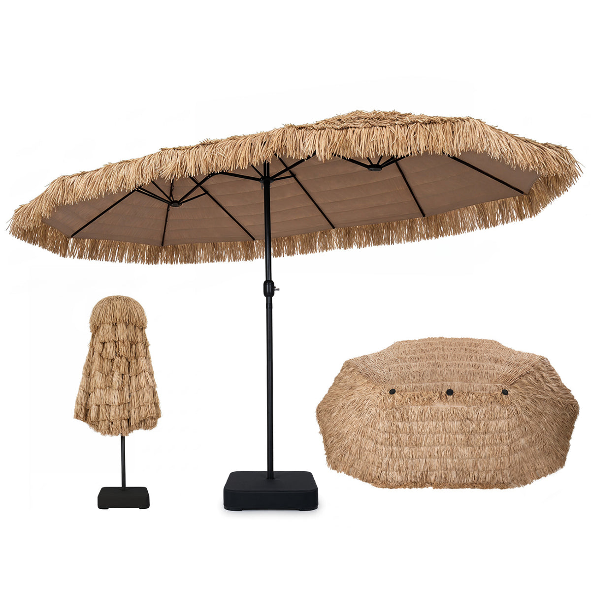 15 x 9 FT Solar Double-Sided Patio Umbrella Base Included for Garden Bar-Brown