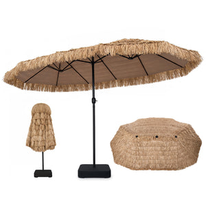 15 x 9 FT Solar Double-Sided Patio Umbrella Base Included for Garden Bar-Brown
