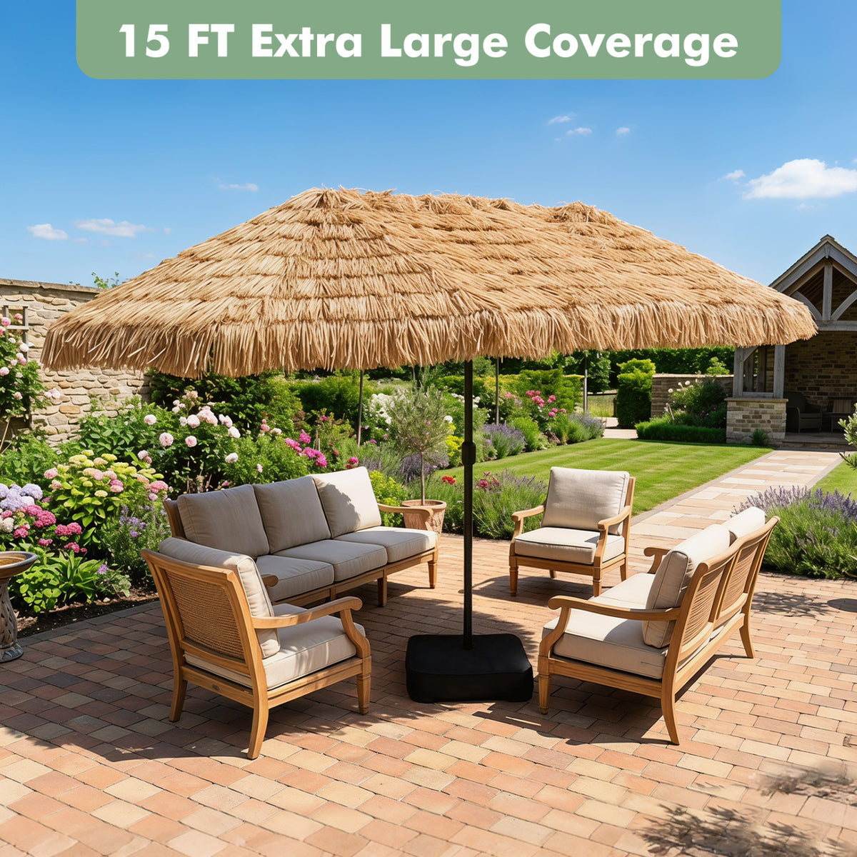 15 x 9 FT Solar Double-Sided Patio Umbrella Base Included for Garden Bar-Brown