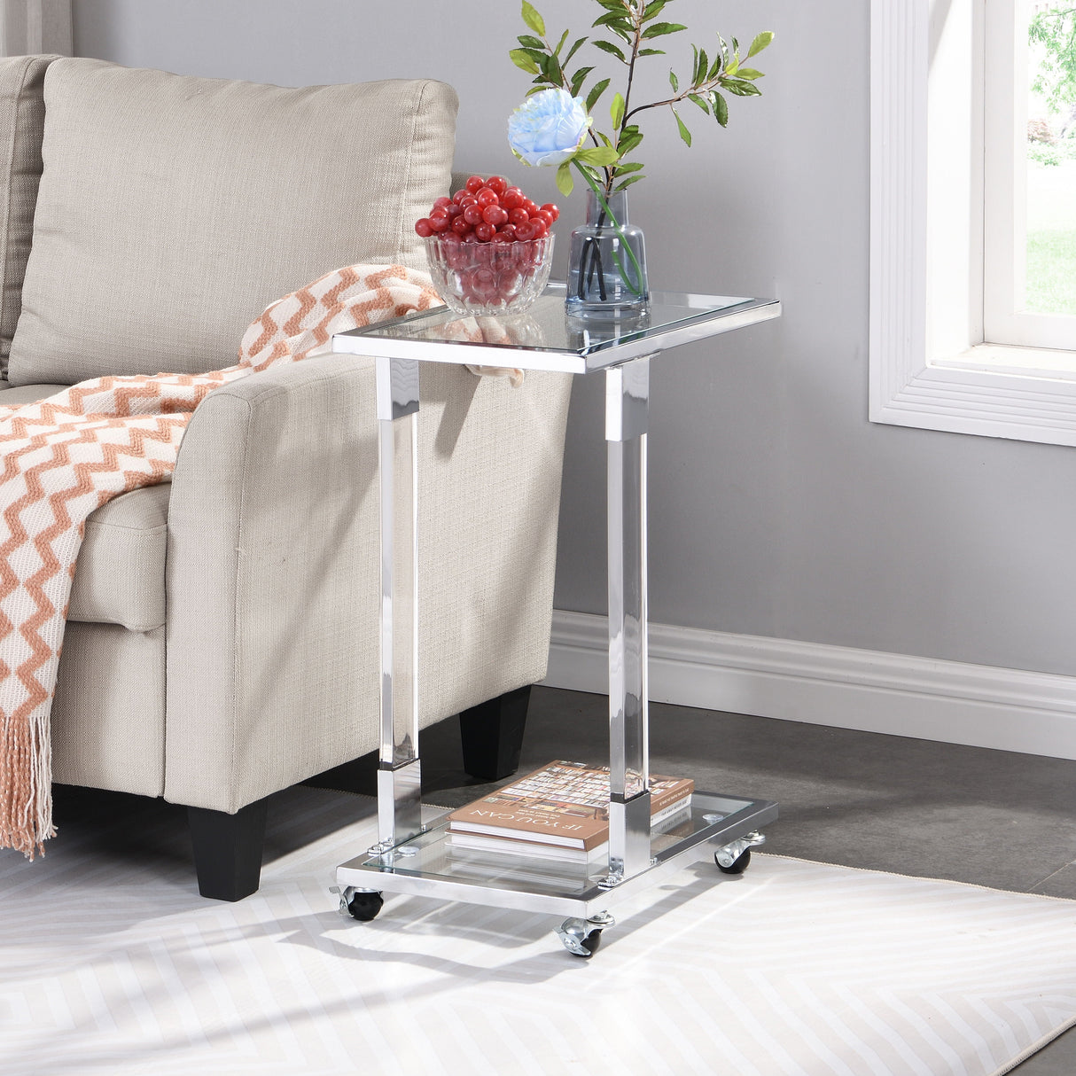 Side Table, Sofa Table, Glass Top C Shape Square Table With Metal Base For Living Room, Bedroom, Balcony Home And Office by Couch.com
