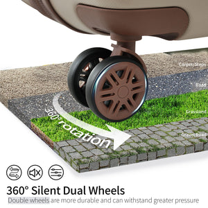 Close-up of a brown dual wheel caster on a chair, showing 360° rotation over carpet, road, grassland, and gravel surfaces. Text reads: "360° Silent Dual Wheels. Double wheels are more durable." From the 4 Piece Luggage Set with hard shell lightweight expandable cases and packing cubes.