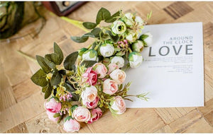15heads/1 bundle Silk Tea Roses Bride Bouquet for Christmas Home Wedding New Year Decoration Fake Artificial Flowers Home Decor