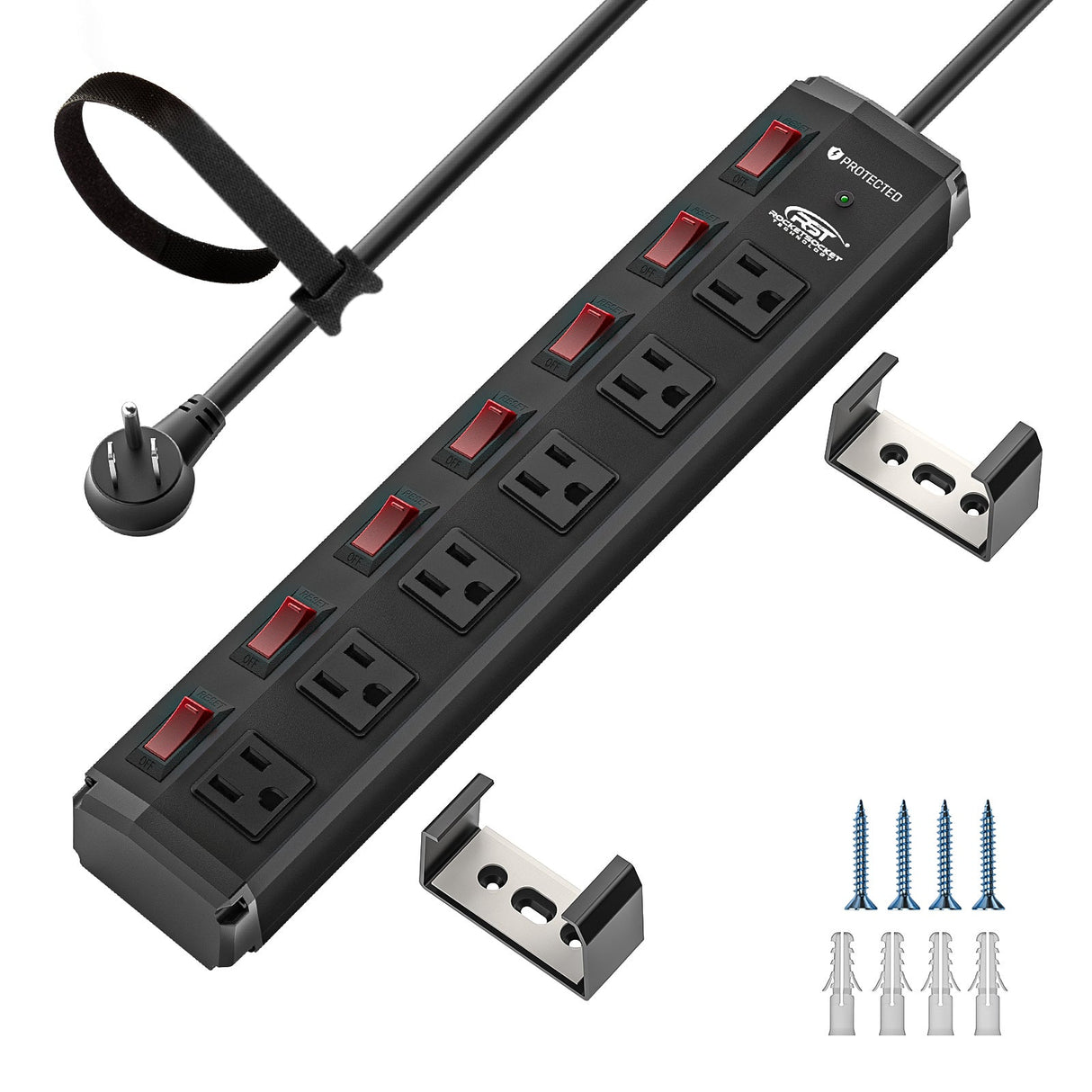 CRST 6 Outlets Individual Switches Mountable Metal Power Strip Surge Protector, 6FT Flat Plug Power Cord