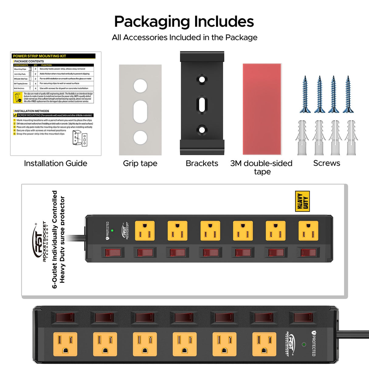 CRST 6 Outlets Individual Switches Mountable Metal Power Strip Surge Protector, 6FT Flat Plug Power Cord