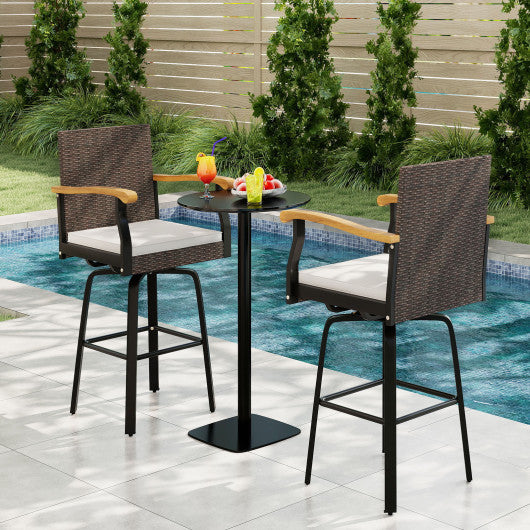 Set of 2 Outdoor 360° Swivel Bar Stool with Cushion and Acacia Wood Armrests