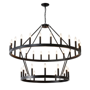 2 Tiers Wagon Wheel Chandelier Wooden Farmhouse 36 Light (24 / 12) Or (12 / 24) Metal Chandeliers 2 Story Light Fixtures Industrial For High Ceiling Living Dining Room Foyer, Adjustable Height - Black by Couch.com