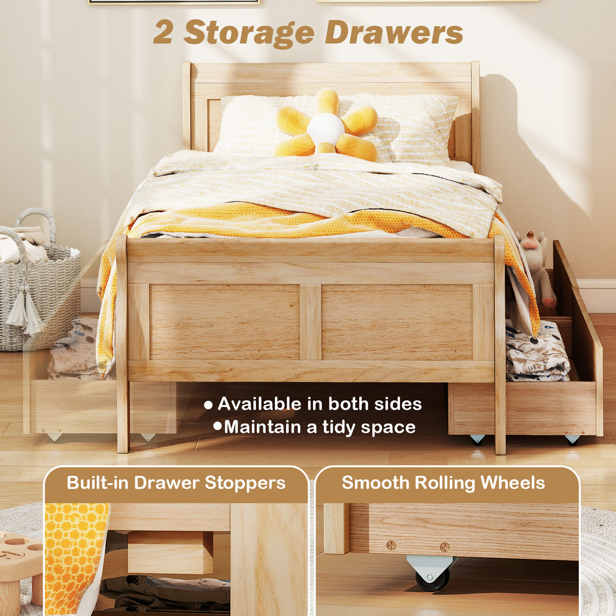 Twin Size Sleigh Bed with 2 Storage Drawers Wood Platform Bed Frame-Natural