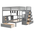 The Bunk Bed With Desk, Drawers And Shelves has a gray loft design with a left-side staircase featuring built-in drawers, a right-side desk area with shelves, and extra storage space under the bed frame.