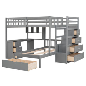 The Bunk Bed With Desk, Drawers And Shelves has a gray loft design with a left-side staircase featuring built-in drawers, a right-side desk area with shelves, and extra storage space under the bed frame.