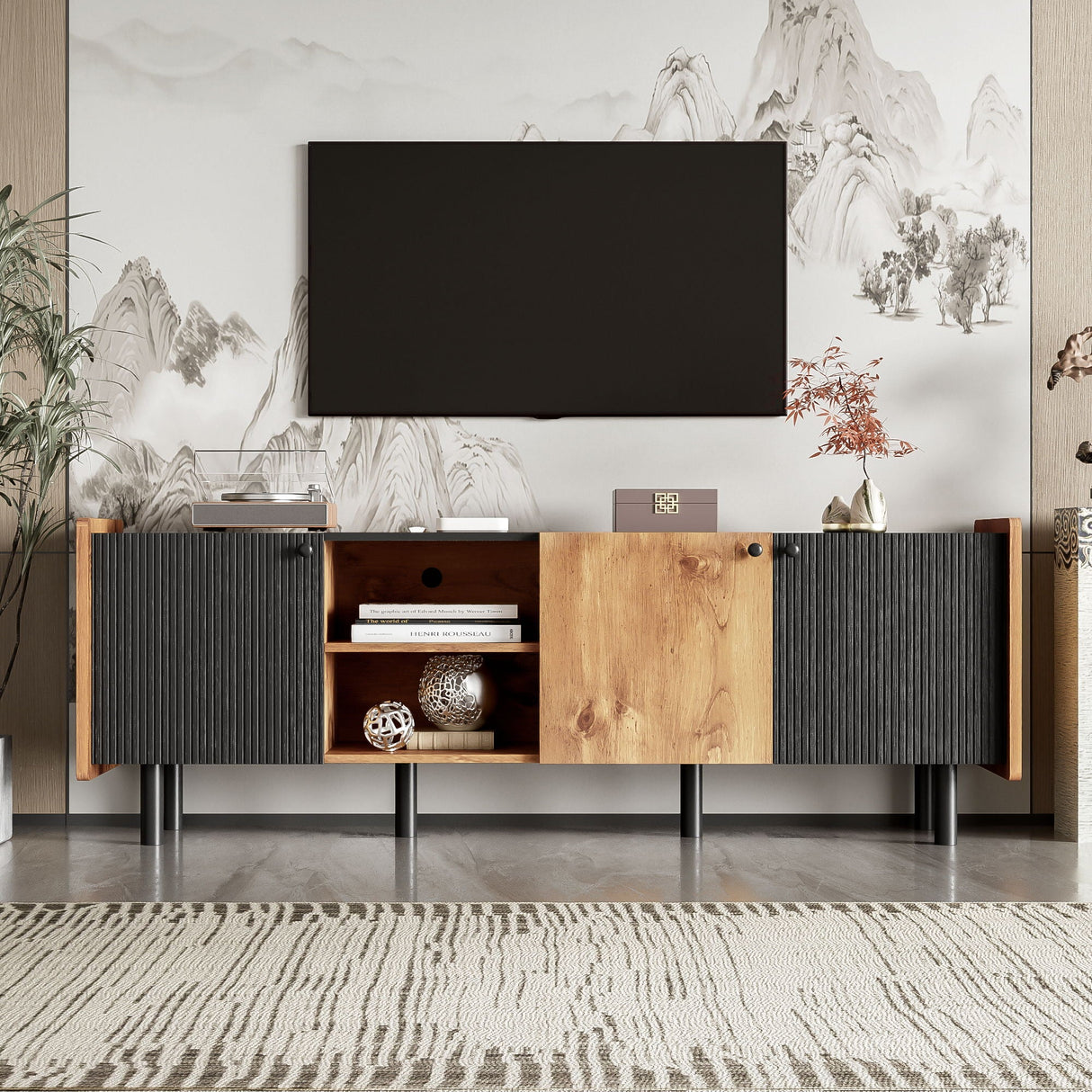 Mid Century TV Stand With 3 Cabinets, Media Console Table For Tvs Up To 70'', Entertainment Center With Storage For Living Room - Black / Brown by Couch.com