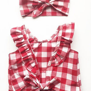 Children Plaid Top Denim Shorts Headdress Three-piece Set