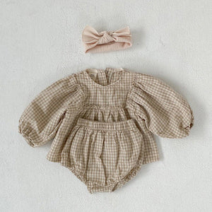 Girl's Suit Western Style Plaid Puff Sleeve Doll Top With Fart Pants Suit