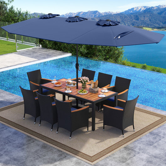 10 Piece Outdoor Patio Dining Set with 15 Feet Double-Sided Twin Umbrella-Navy
