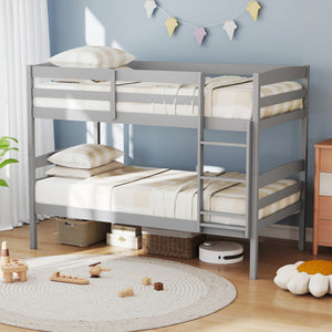 Solid Wood Twin Over Twin Bunk Bed Frame with High Guardrails and Integrated Ladder-Gray