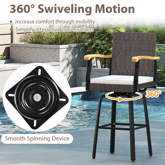 One Outdoor 360° Swivel Bar Stool with Cushion and Acacia Wood Armrests
