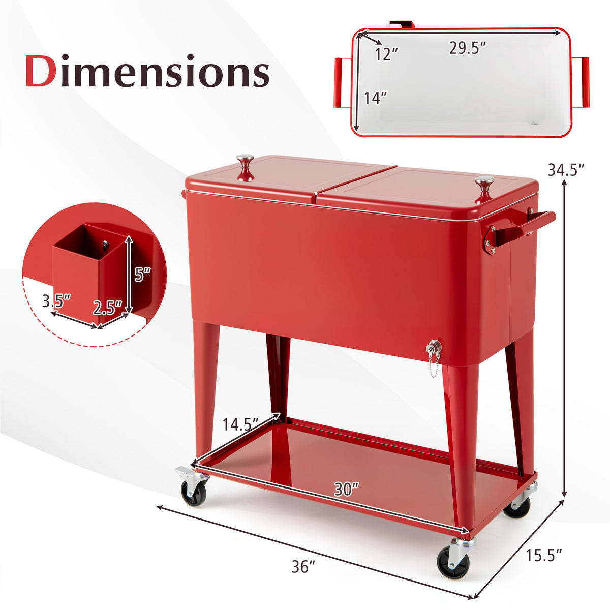 Portable Patio Cooler with Bottom Storage Shelf and Bottle Opener-Red