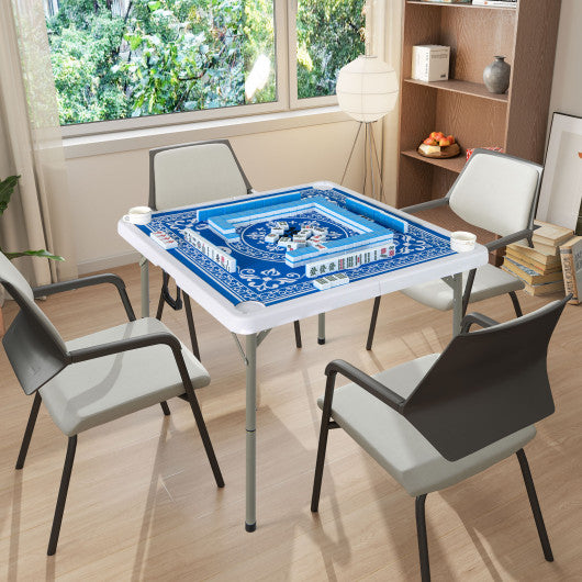 35 Inch 4 Player Game Card Folding Mahjong Table with Cup Holders-Light Blue