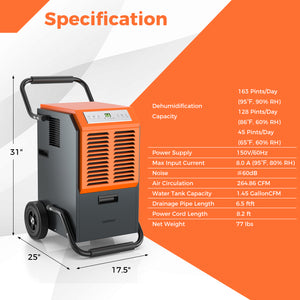 163 Pints Commercial Dehumidifier with Drain Hose and 24H Timer-Gray