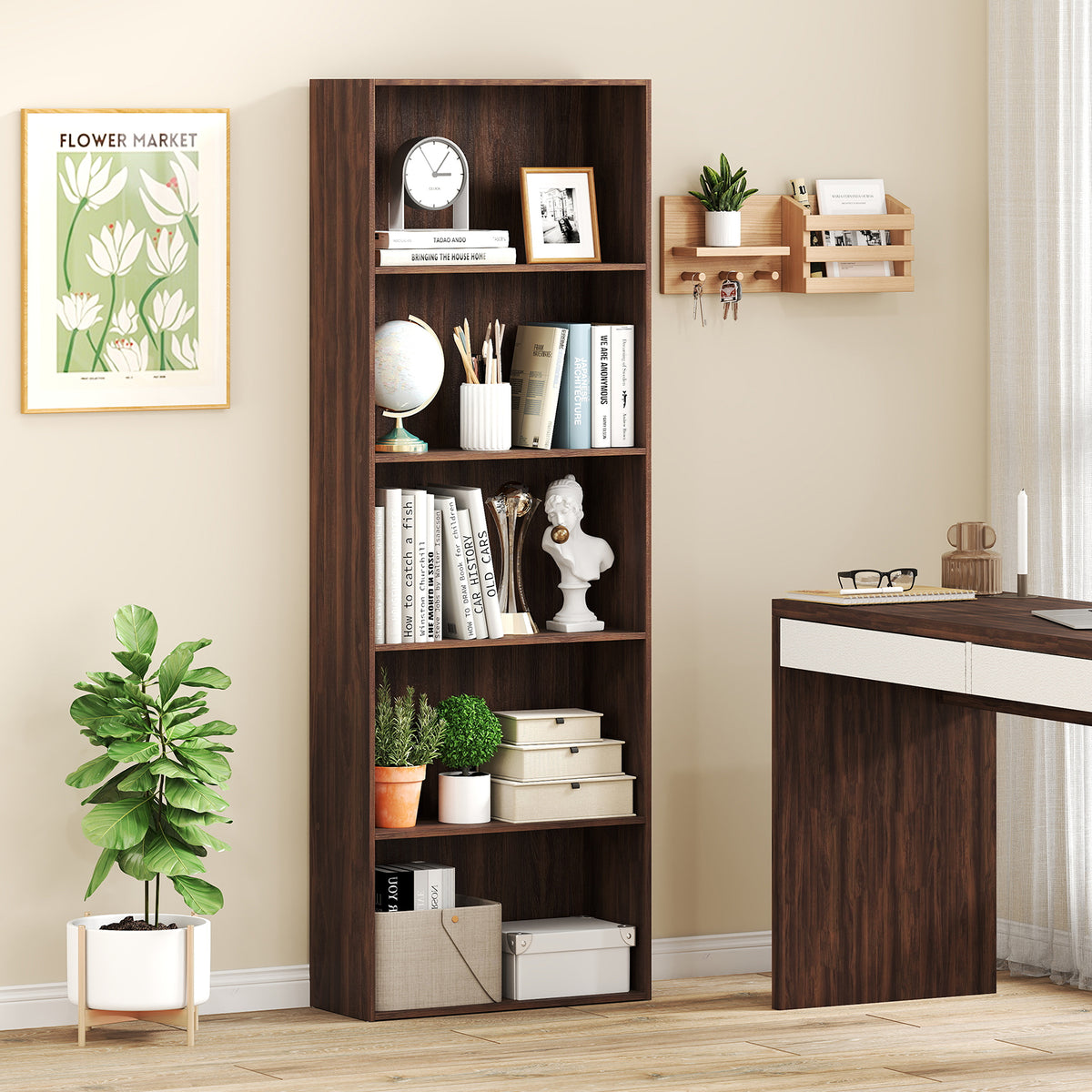 5-Shelf Storage Bookcase Modern Multi-Functional Display Cabinet Furniture-Walnut