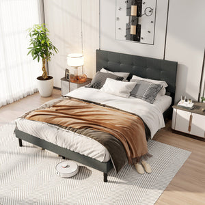 Queen Size Upholstered Bed Frame Linen Platform Bed-Dark Gray