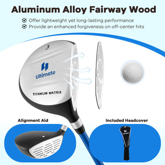38 Inch 165CC Junior #3 Fairway Wood Golf Club with Fiberglass Shaft for Kids Ages 11-14-Blue