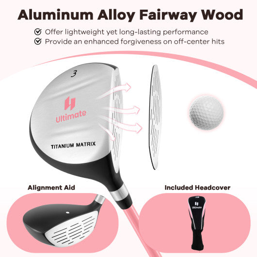 38 Inch 165CC Junior #3 Fairway Wood Golf Club with Fiberglass Shaft for Kids Ages 11-14-Pink