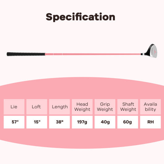 38 Inch 165CC Junior #3 Fairway Wood Golf Club with Fiberglass Shaft for Kids Ages 11-14-Pink