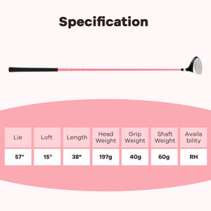 38 Inch 165CC Junior #3 Fairway Wood Golf Club with Fiberglass Shaft for Kids Ages 11-14-Pink