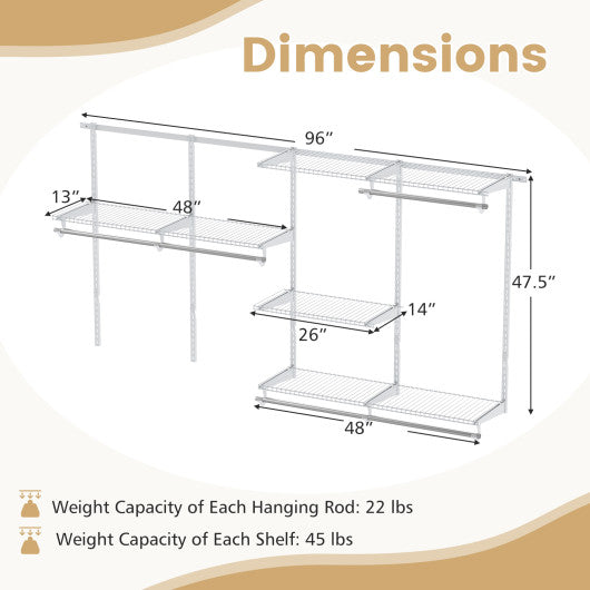Closet System 4-8 FT Wall-Mounted Closet Shelves and Rod-White