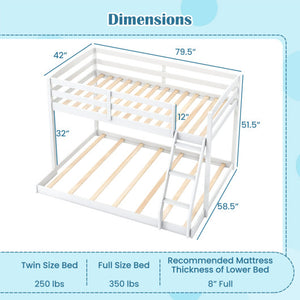 Twin Over Full Bunk Bed Low Floor Bunk Bed Frame-White
