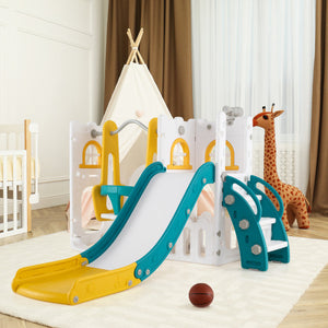 7-in-1 Toddler Swing and Slide Set L-shaped with Ladder and Basketball Hoop-Yellow
