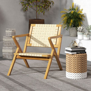 Outdoor and Indoor Teak Wood Patio Chair wuth Webbing Seat and Backrest-Natural