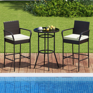 Patio Rattan Bar Height Table and Chairs with 2 Seat Cushions for Porch-White
