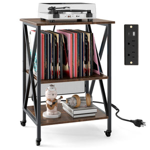 3-Tier Record Player Stand with Charging Station and Adjustable Shelf-Coffee