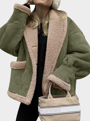 Fuzzy Collared Neck Long Sleeve Jacket with Buttoned Closure and Cozy Pockets