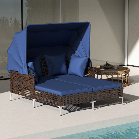 Outdoor Daybed with Retractable Canopy PE Wicker Rattan Patio Lounger-Navy