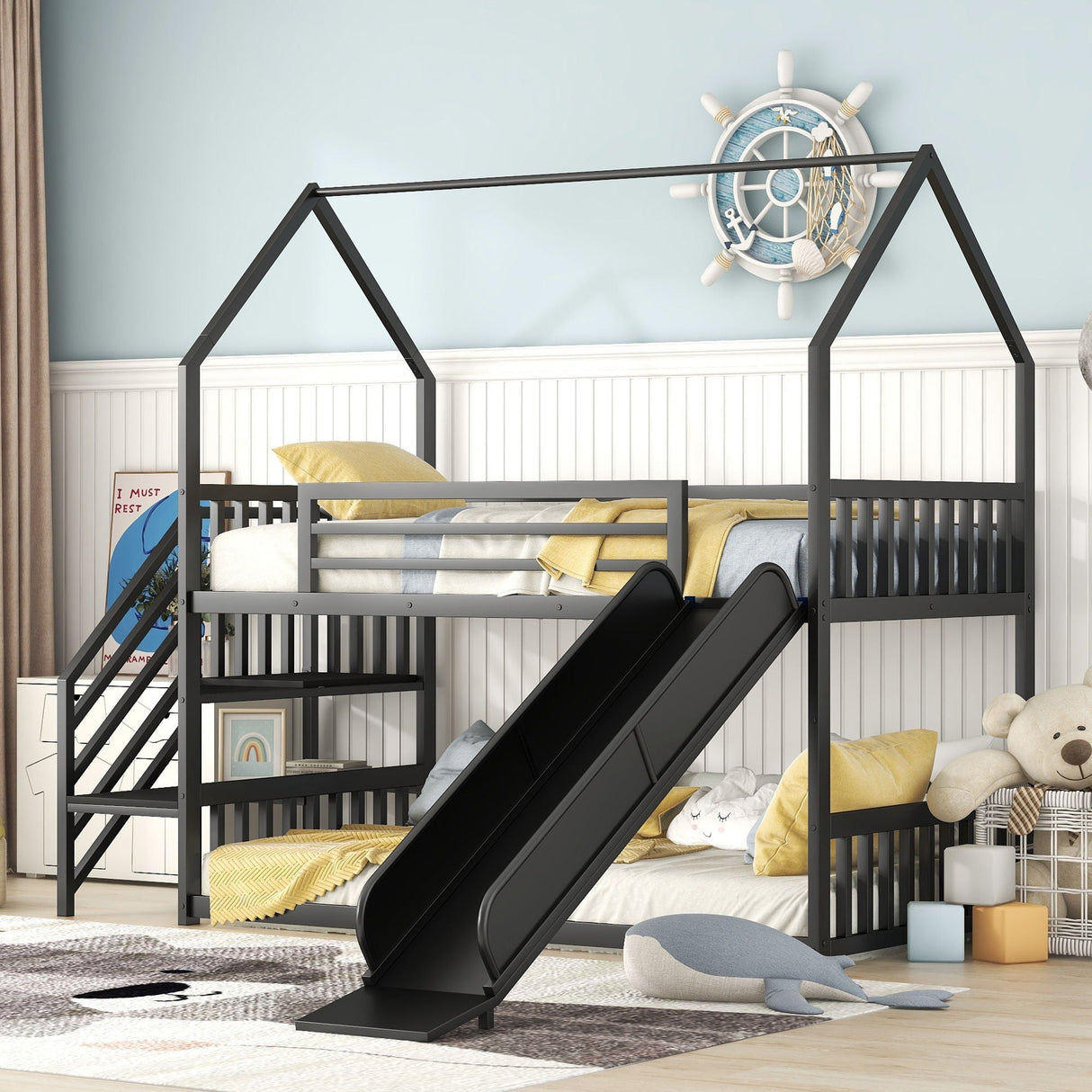Twin Over Twin Metal Bunk Bed House Bed With Slide And Staircase by Couch.com