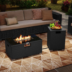 2-Piece Outdoor Rattan Fire Table Set 32 Inch Rectangle Gas Firepit with Tank Cover-Black