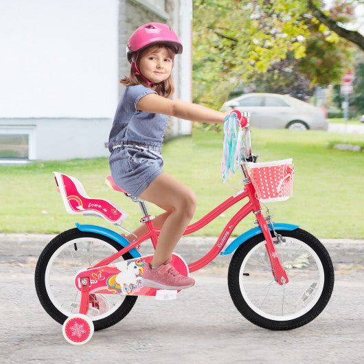 16 Inch Girls Bike for 4-7 Years Old Kids Bike with Doll Seat and Training Wheels