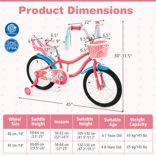 16 Inch Girls Bike for 4-7 Years Old Kids Bike with Doll Seat and Training Wheels