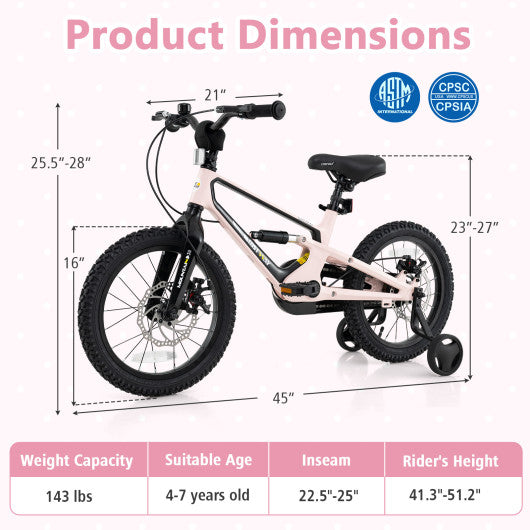 16 Inch Kids Bike Lightweight with Detachable Training Wheels for Aged 4 to 7-16 inches