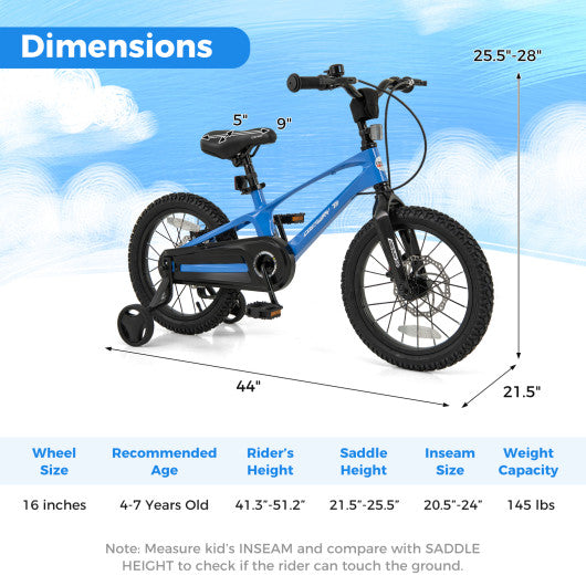 16 Inch Kids Bike Magnesium Alloy Training Bicycle Adjustable for 4 to 7 Years Old-16 inches